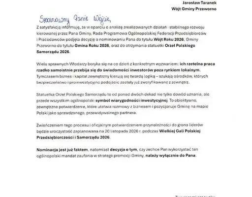 Gmina Przeworno i Wójt Jarosław Taranek nominowani w plebiscycie Orły Polskiego Samorządu 2026