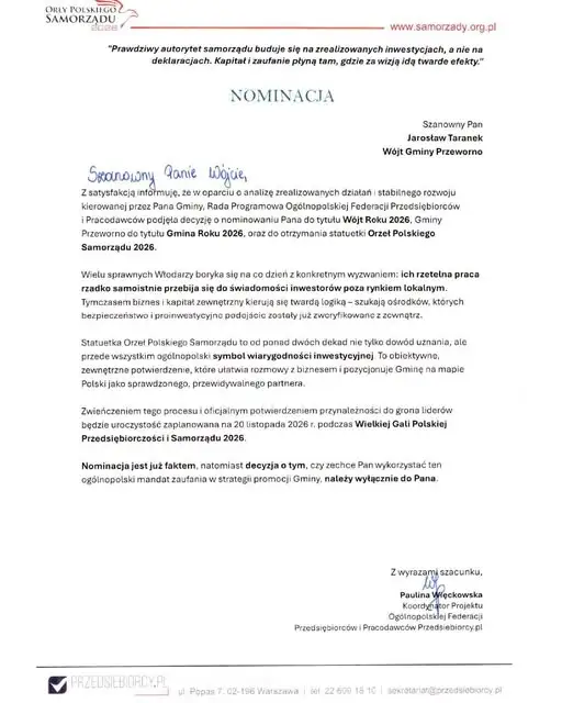 Gmina Przeworno i Wójt Jarosław Taranek nominowani w plebiscycie Orły Polskiego Samorządu 2026