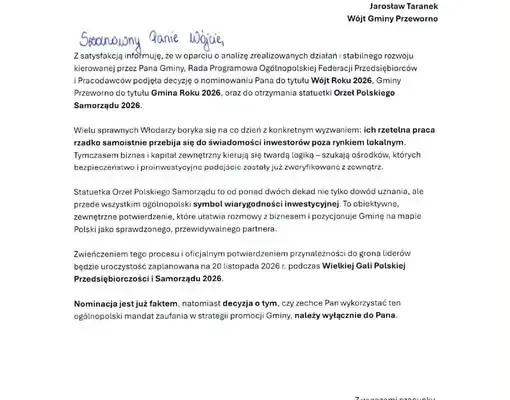 Gmina Przeworno z nominacją do tytułu Gmina Roku 2026. Wójt Jarosław Taranek walczy o statuetkę Orła Polskiego Samorządu